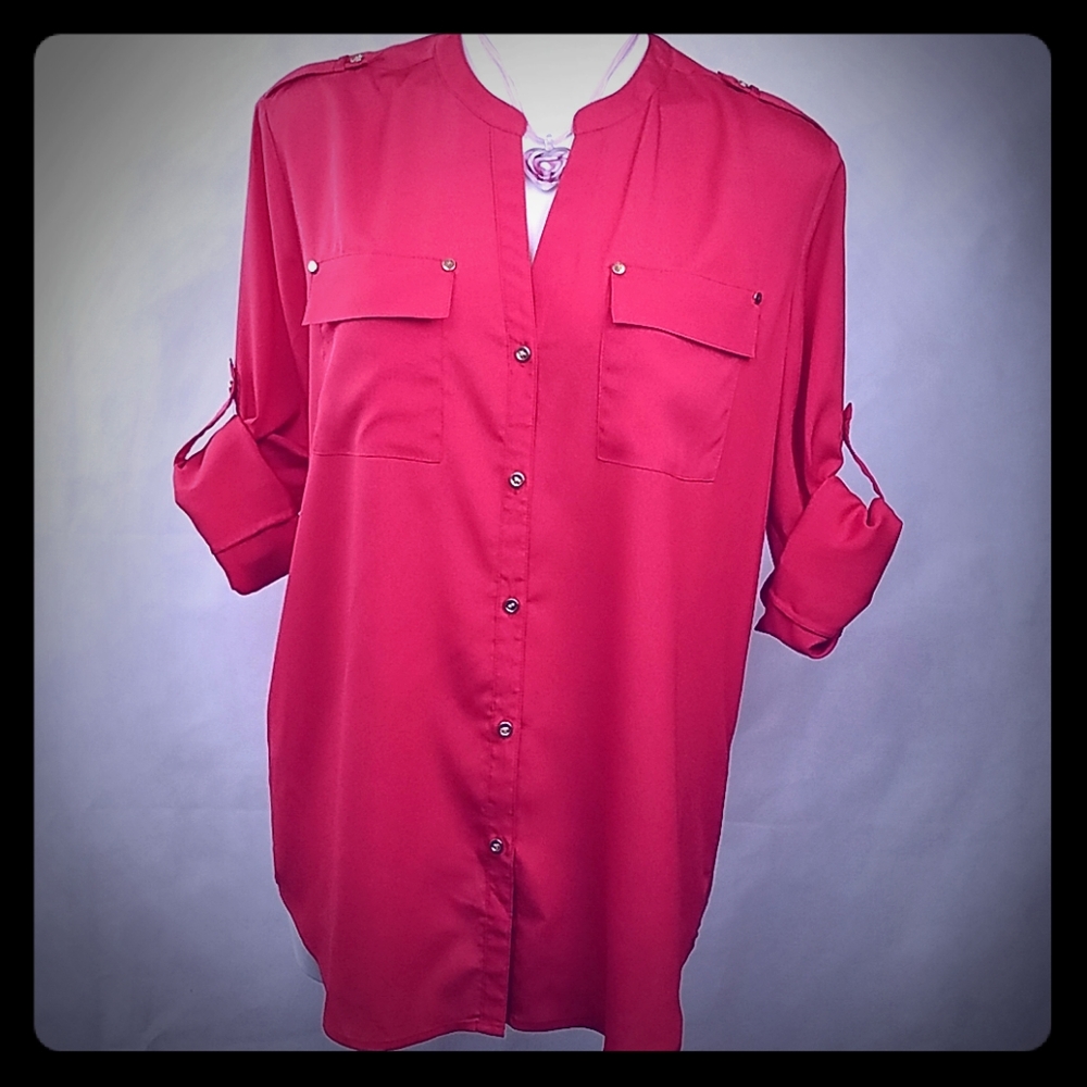 Charter Club button roll sleeve blouse